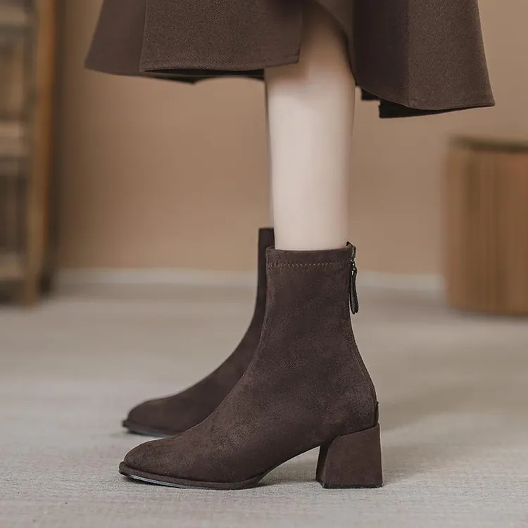 穿高跟鞋的吴大叔棕色粗跟短靴女瘦瘦靴2025新款秋冬季方头高跟袜