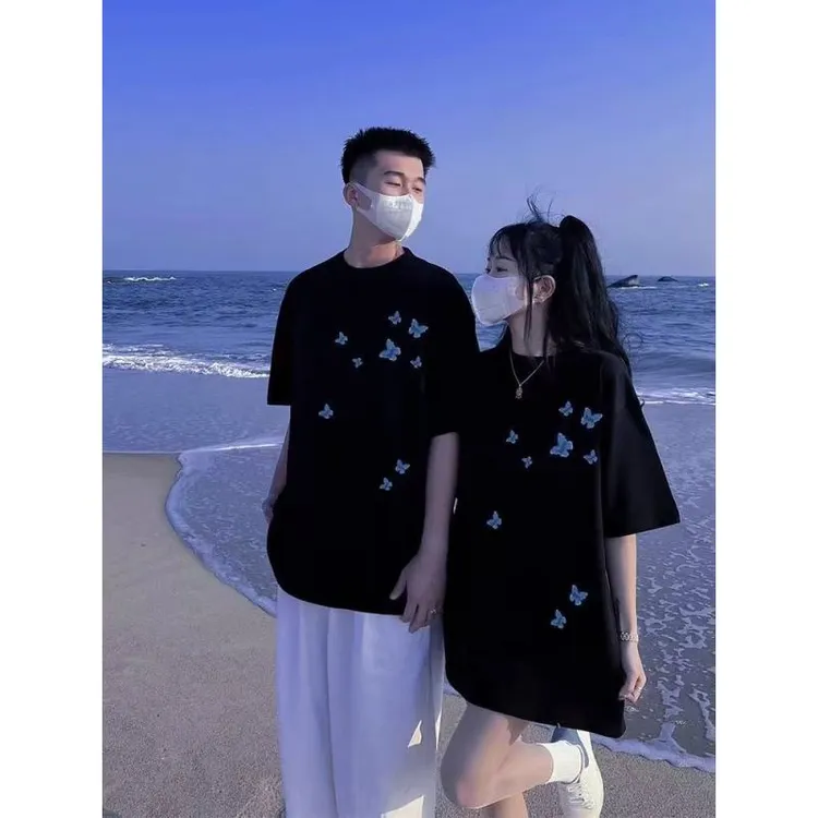 短袖男女2025潮牌美式T恤新款印花夏季情侣宽松蝴蝶半袖上衣爆款