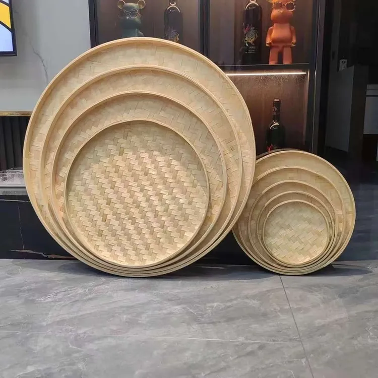 竹编簸箕圆形竹筛子绘画圆筛晾晒盘创意装饰家用平盖厂家批发