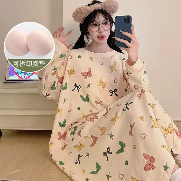 蝴蝶睡裙女2025春秋新款多巴胺长袖带胸垫睡衣女大码家居服连衣裙