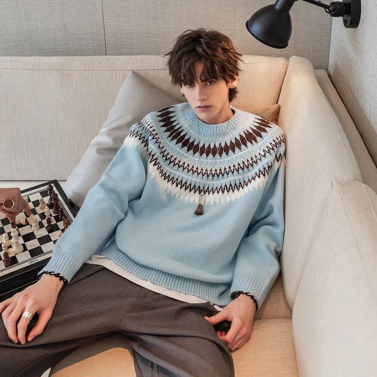 CHICERRO西西里男装高级感费尔岛风圆领毛衣男百搭打底宽松情侣