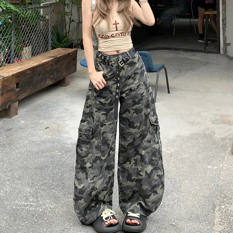 迷彩弯刀裤牛仔裤女秋装爆款2025新款小个子高腰显瘦宽松百搭裤子