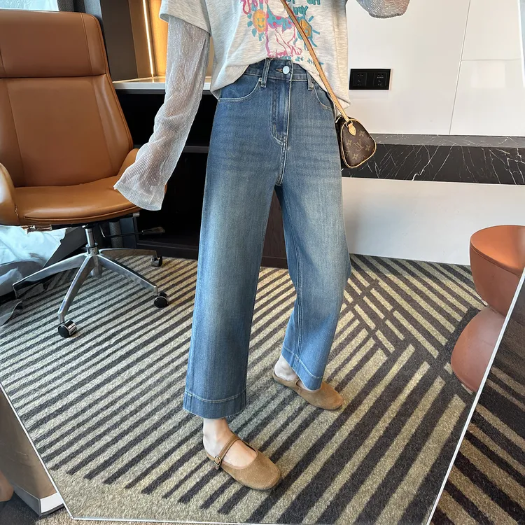 高腰弹力直筒牛仔裤女2025秋季新款大码胖mm百搭显瘦九分阔腿裤子