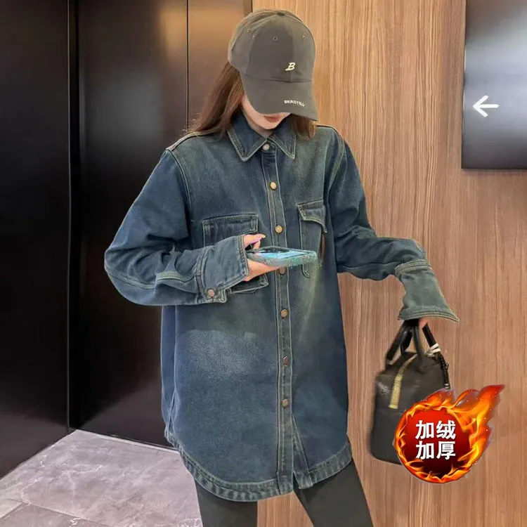 欧货复古中长款加绒加厚牛仔衬衫女冬季休闲宽松叠穿内搭衬衣外套
