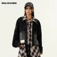 Holdoumen25秋季日常系列格纹拼接牛仔夹克