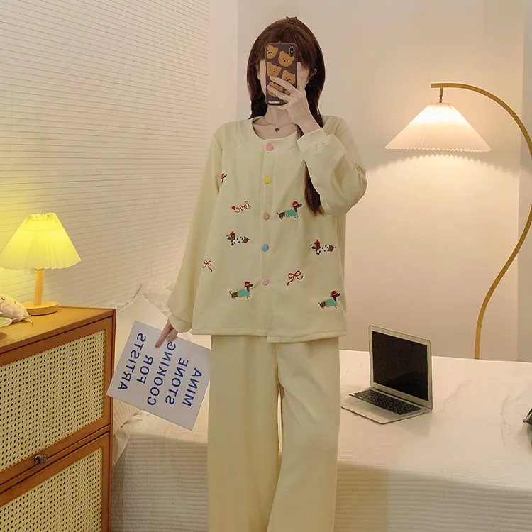 炸姐大码睡衣女秋2025新款羊毛绒黄色腊肠狗套装甜美可外穿家居服