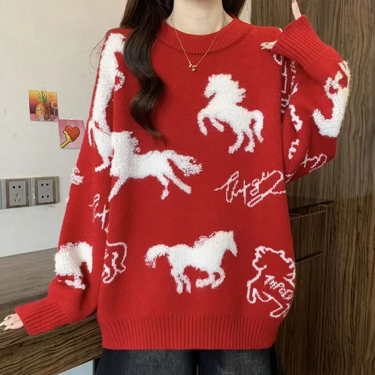 100羊毛新年快乐~男女同款马年红色毛衣针织衫