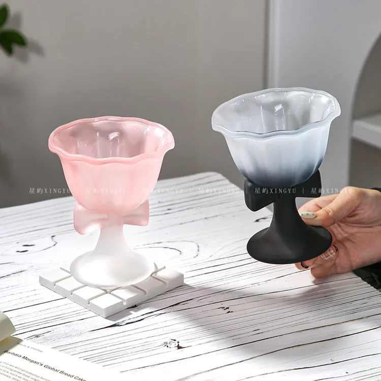 创意带色蝴蝶结甜品杯玻璃杯ins风女高颜值水杯家用雪糕杯咖啡杯