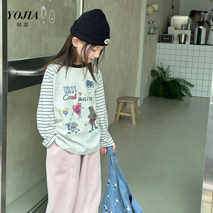 YOJIA女童长袖T恤春秋季2025新款韩版百搭童装上衣儿童打底衫秋装