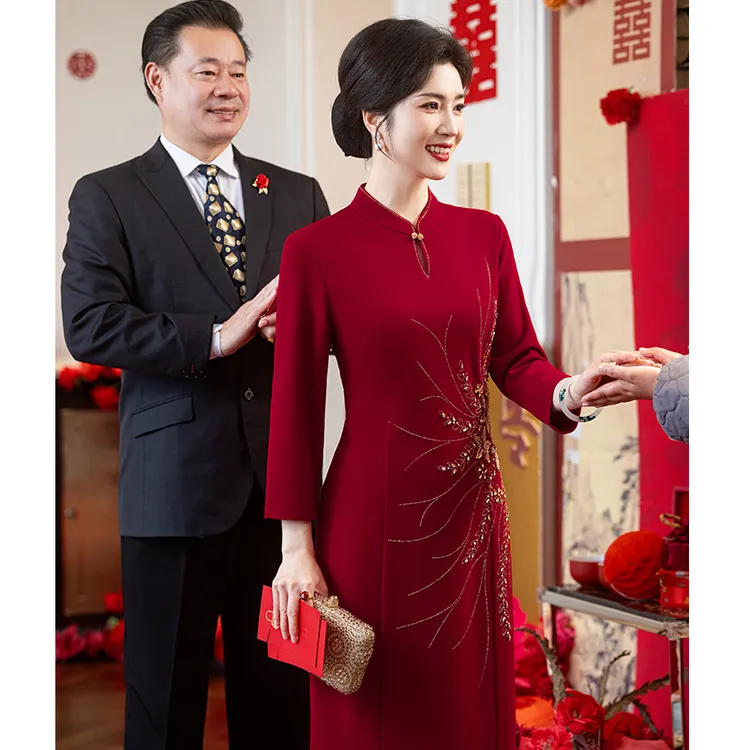 高端喜婆婆婚宴装旗袍年轻结婚妈妈婚礼礼服裙高贵洋派新中式长袖
