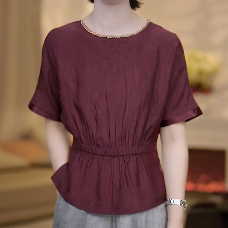 法式轻奢洋气收腰显瘦圆领短袖衬衫女2025夏季新款百搭遮肉上衣潮