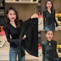 秋冬显瘦拼接常规轻熟风喇叭袖长袖V领气质时尚百搭轻奢T恤网红