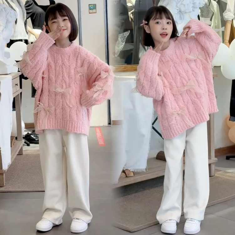 女童秋冬季套装2025新款中大童6-12岁韩版宽松甜美圆领毛衣两件套