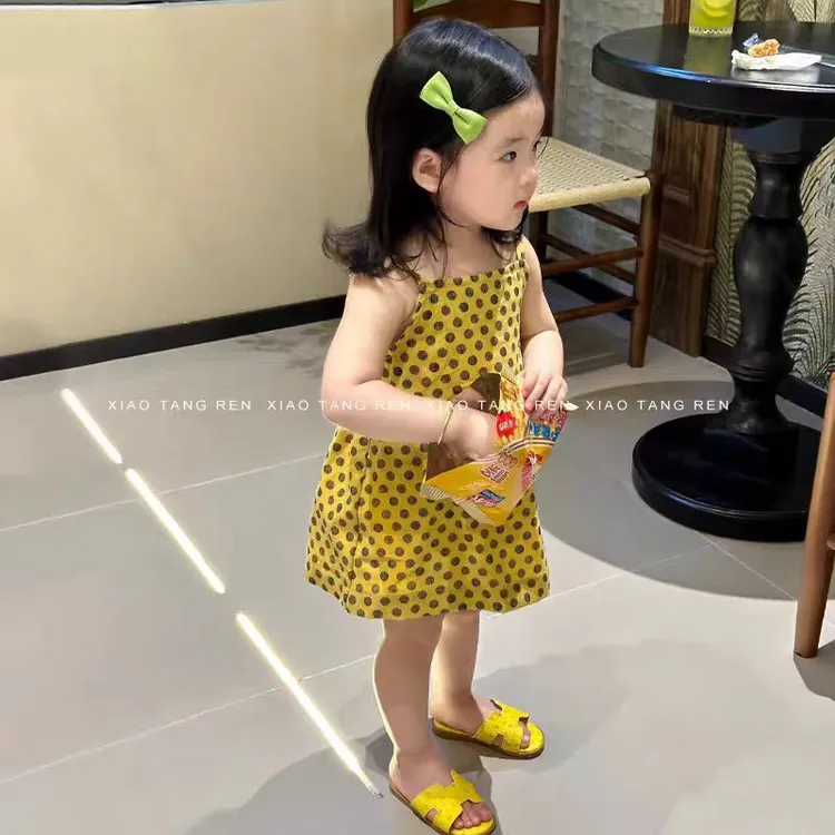 现货！韩系小女孩洋气波点吊带裙夏季2025女宝宝气质度假风背心裙