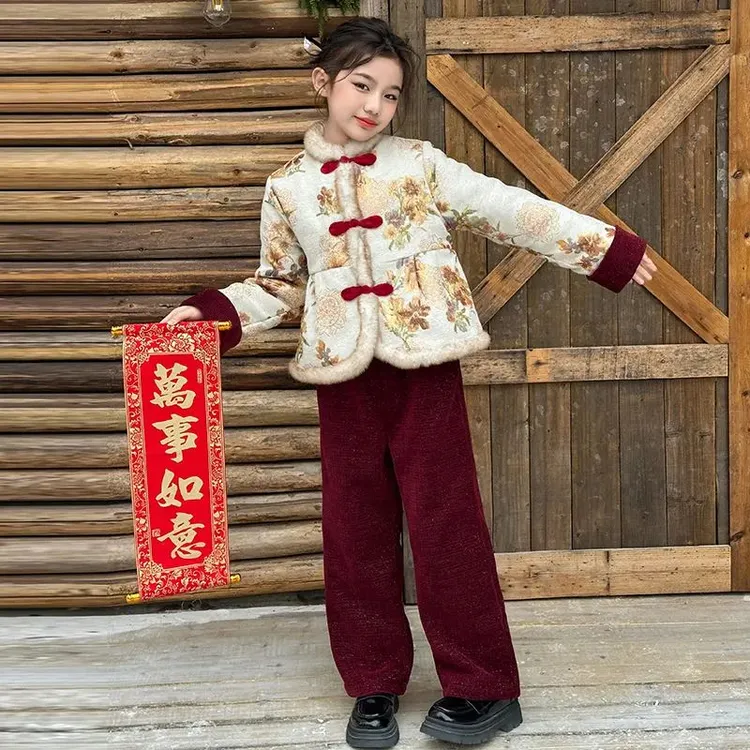女童秋冬款加绒加厚中国风盘扣外套冬季套装新中式儿童中大童冬装