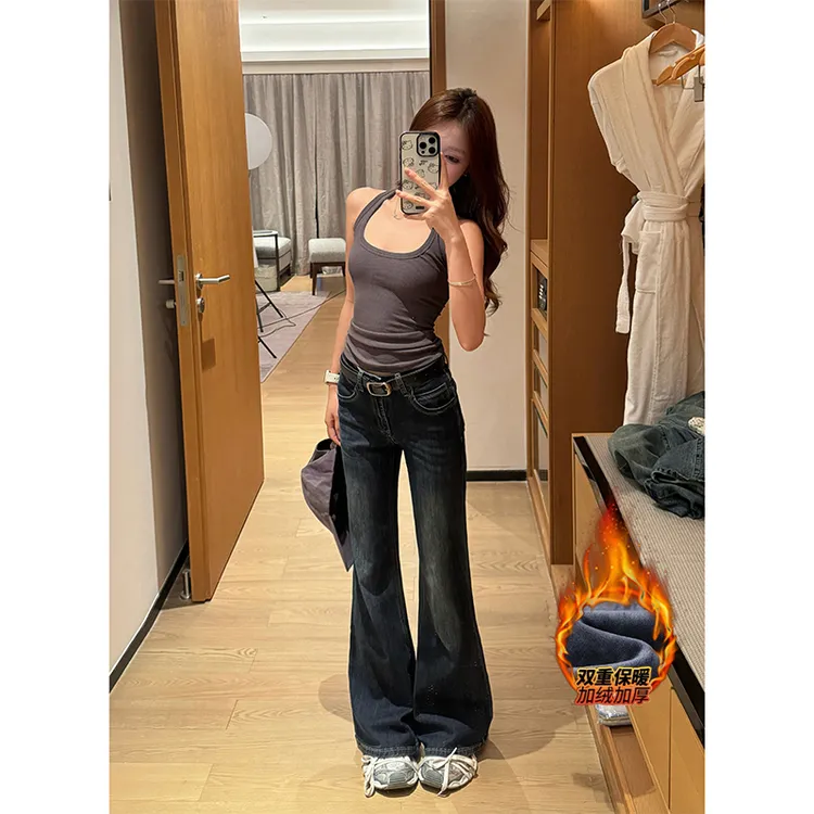 【萱芸芸专属】加绒低腰不贴腿微喇牛仔裤女2025冬季修身显瘦百搭裤