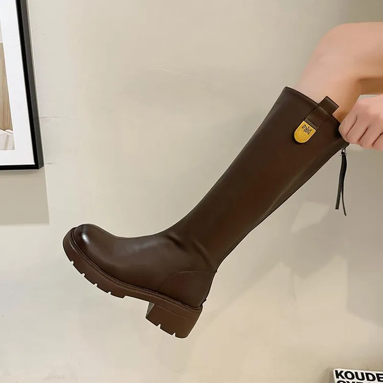 【澳门专柜正品】小个子厚底棕色长筒靴女粗腿夏季靴子美拉德粗跟瘦