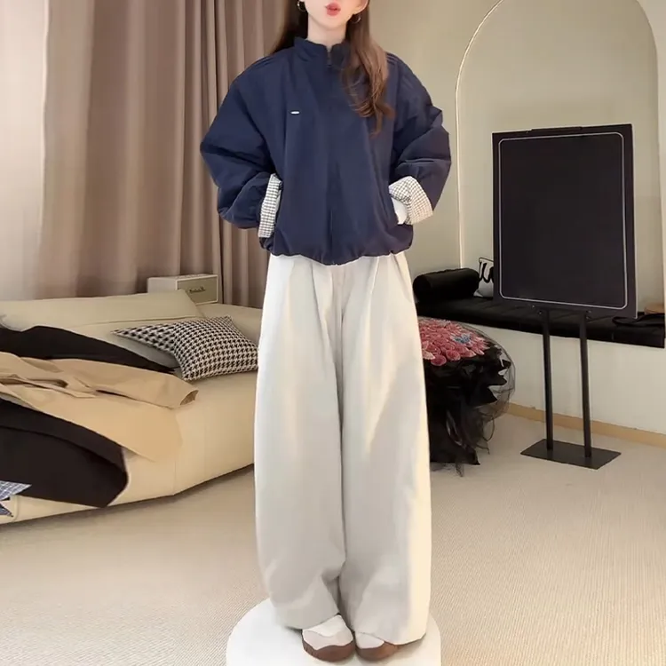 2025秋季新款小众套装女韩系纯色长袖外套+高腰阔腿裤两件套