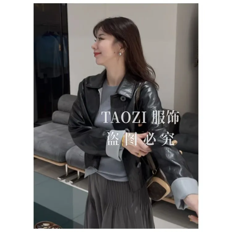 桃子自制 09533 【高级】秋冬季百搭休闲气质拼色翻领新中式皮衣