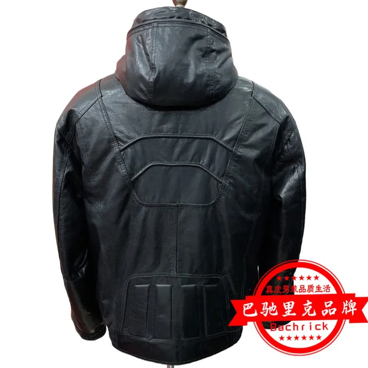 巴驰里克牛皮油蜡皮夹克保暖可拆卸鹅绒内胆全身压刻工艺真皮外套