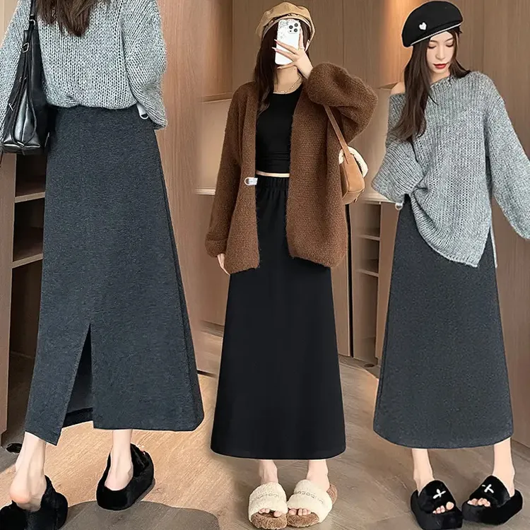 孕妇羊毛呢秋冬款新季直筒气质显瘦针织a字后开叉包臀半身长裙子