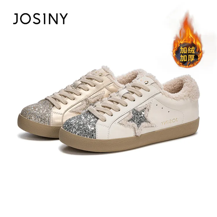 卓诗尼加绒保暖休闲小白鞋百搭板鞋女2025新款冬季复古星星毛毛鞋