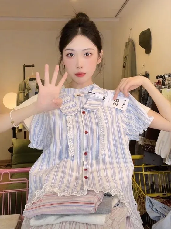 甜美法式衬衫短袖别致2025新款衬衫下摆花边设计条纹泡泡衬衣上衣