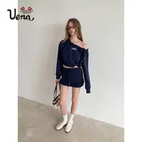 【刘思瑶专属】Uena藏蓝色抽绳绑带斜肩短款卫衣荷叶边半身裙裤套装