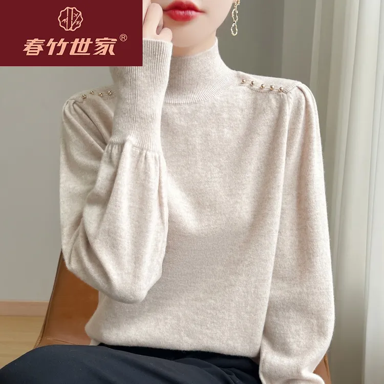 春竹世家名品牌秋冬特大码羊毛衫半高领毛衣女宽松遮肚内搭针织打