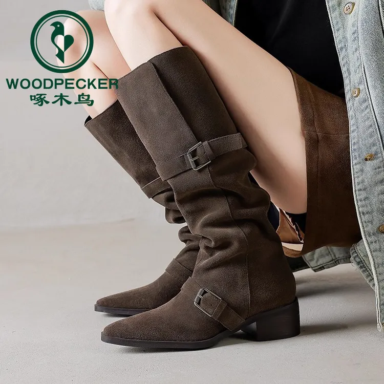 啄木鸟粗跟西部牛仔靴显瘦不过膝美拉德骑士靴女冬2025新款堆堆靴