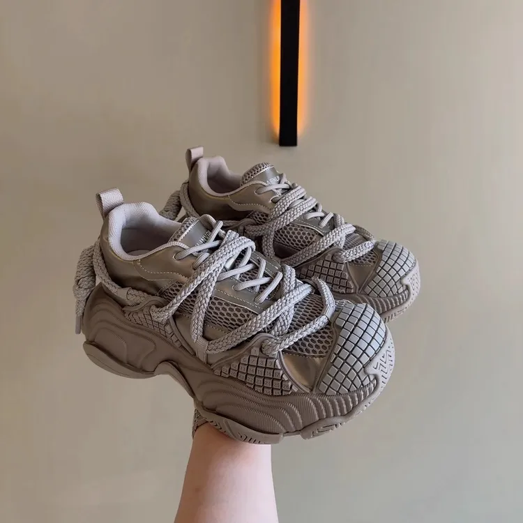 网面透气厚底ins潮绑带老爹鞋女2025春夏新款休闲增高百搭运动鞋