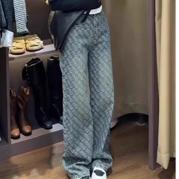 复古提花牛仔裤2025年夏季新款高腰时尚百搭显瘦宽松直筒阔腿裤女