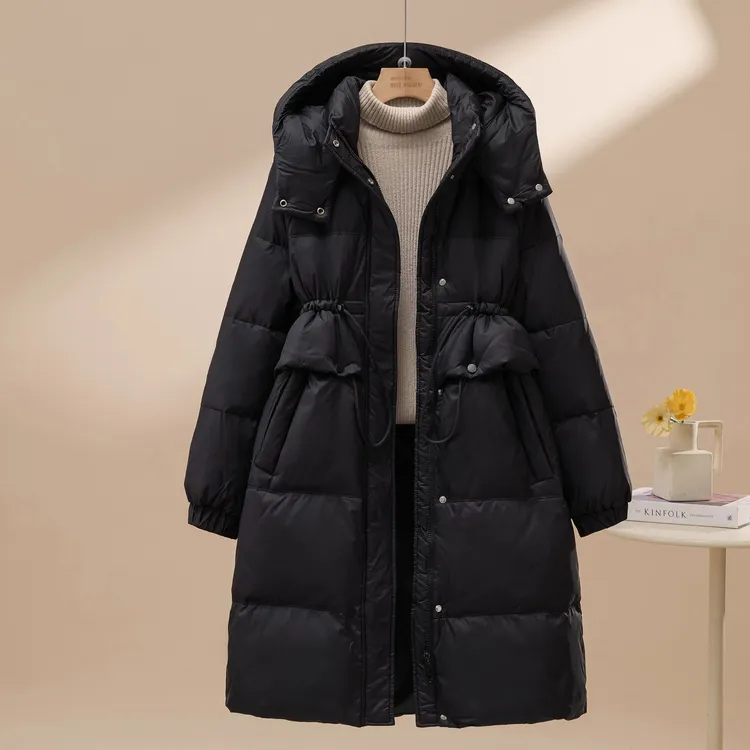 2025新款冬季羽绒服女中长款过膝连帽加厚收腰糖果色鸭绒保暖外套