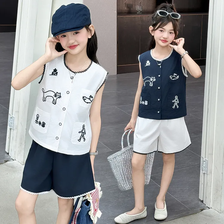 女童夏季甜美无袖时尚套装中大儿童6-12岁15岁宽松薄款休闲短裤潮