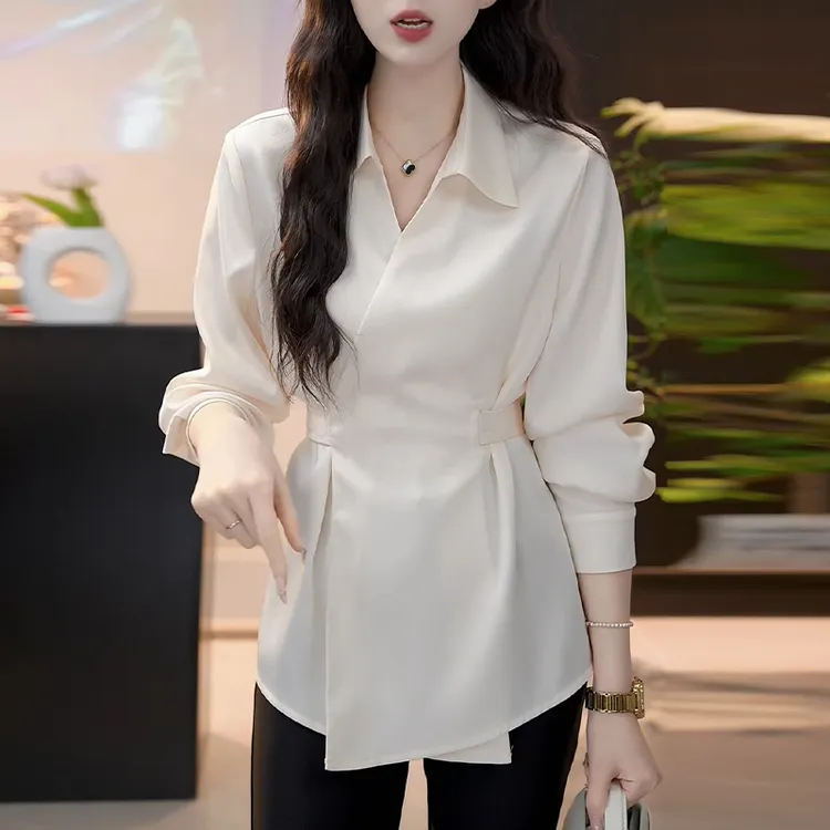 法式绑带POLO领衬衫女春季韩版高级感气质轻奢名媛纯色中长款上衣