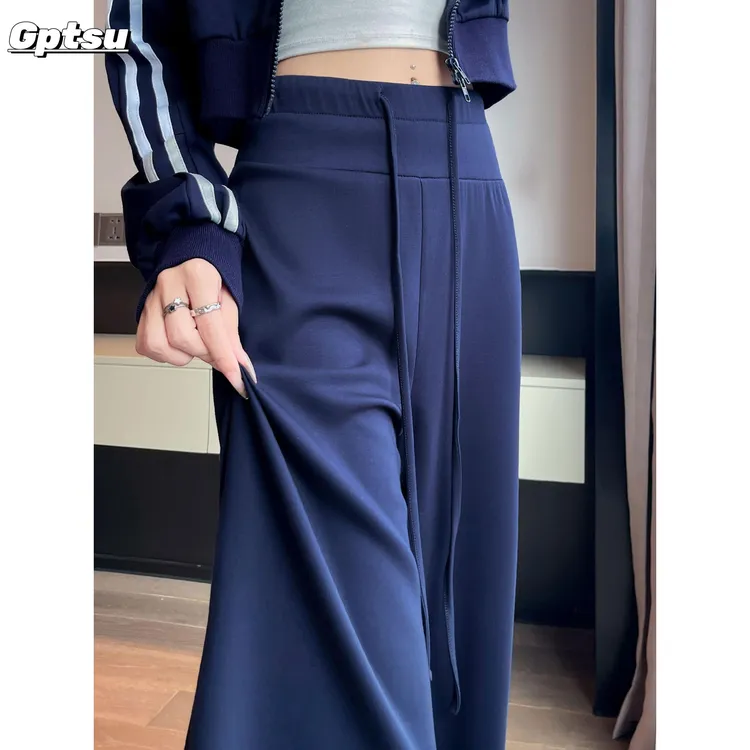 GPTSu藏青色窄版垂感阔腿卫裤女秋装新款高腰收腹显瘦运动拖地裤