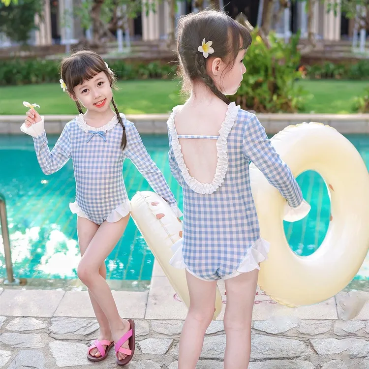 女童夏季连体泳衣小女孩洋气花边格子长袖泳装女宝宝防晒游泳衣服