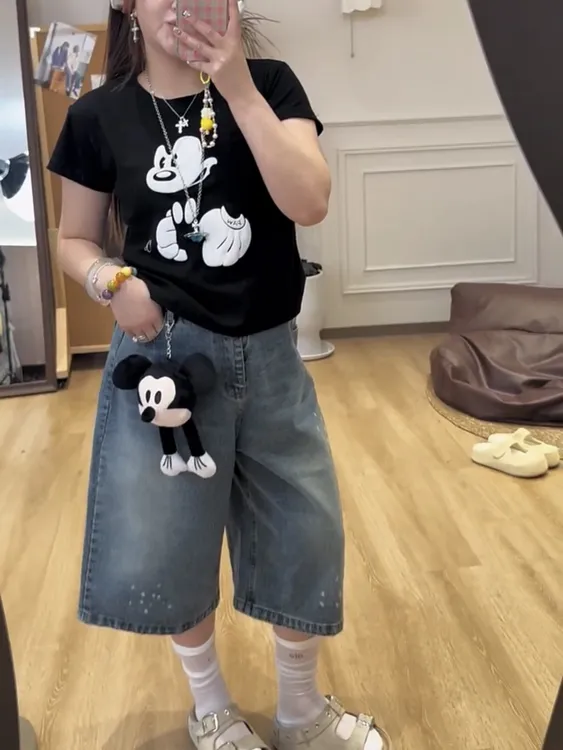 【陈鱼白】复古卡通玩偶夏季宽松大码印花牛仔短裤阔腿直筒六分裤短
