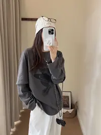 程程甄选  韩系设计感卡通木木假两件长袖休闲T恤打底衫1221