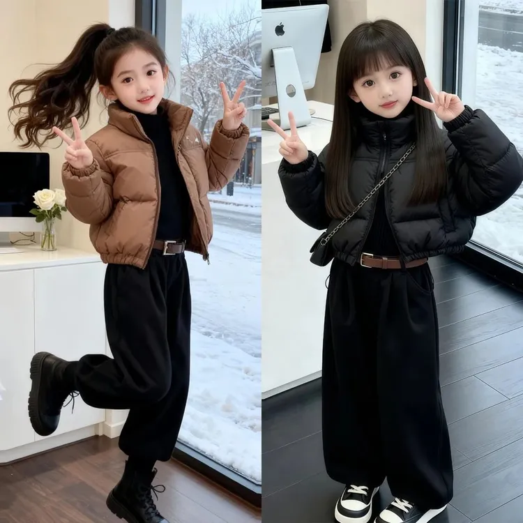 儿童冬装2025新款冬季女童短款棉服外套洋气童装时髦加绒哈伦裤潮