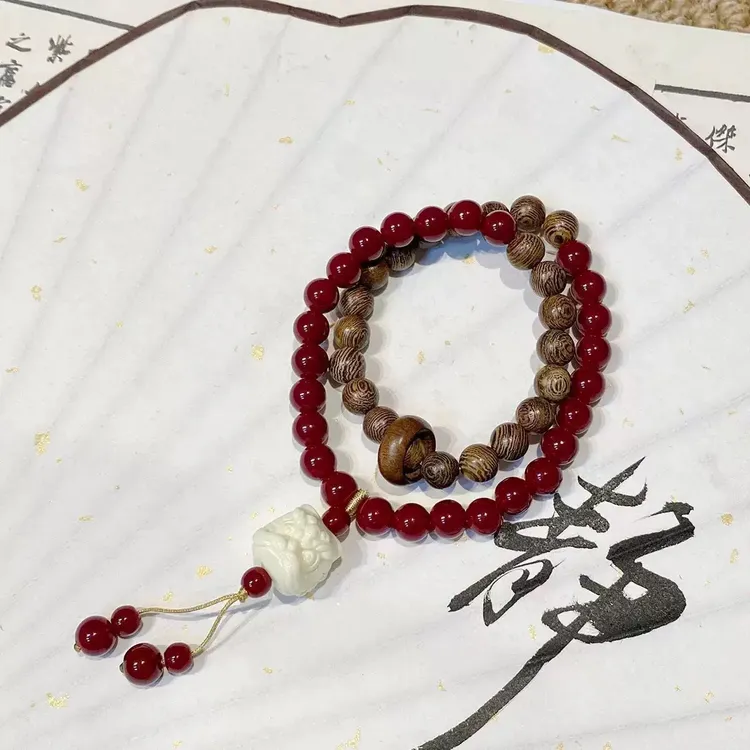 非金属树脂手链 双层红珠醒狮手串