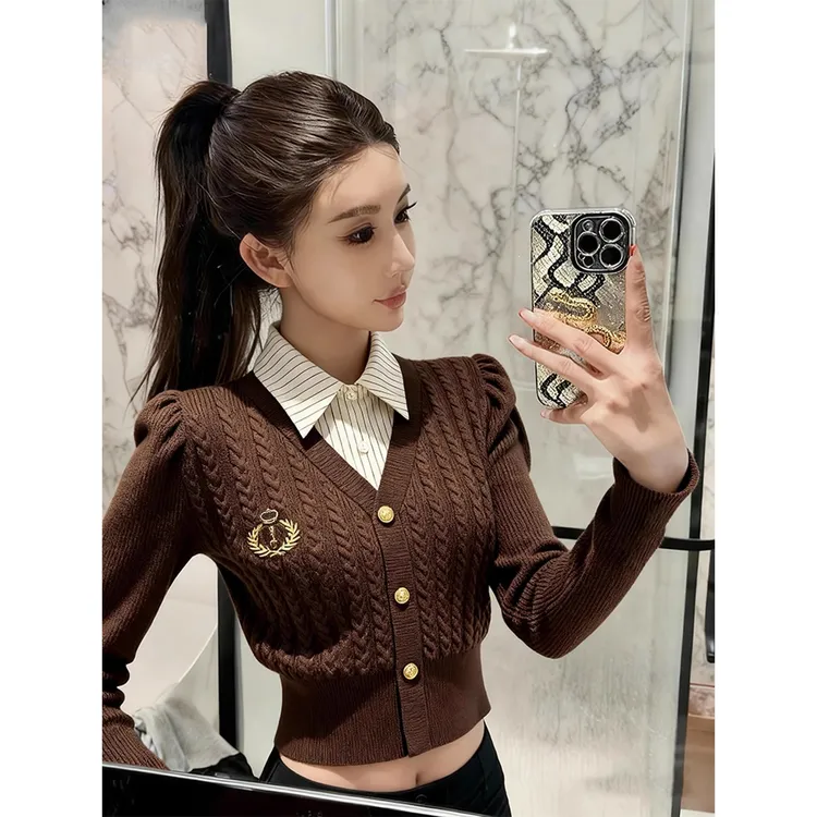 秋冬季学院风假两件咖色麻花毛衣针织衫女设计感修身短款正肩上衣