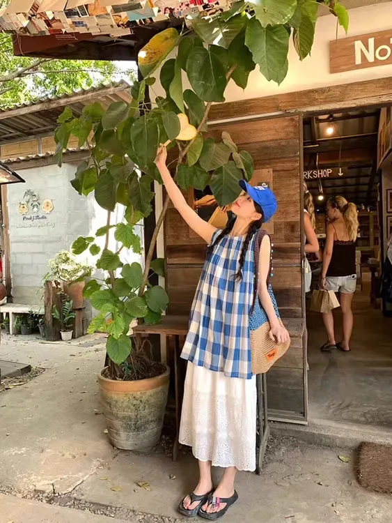 【蓝白格】麻上衣+半裙套装