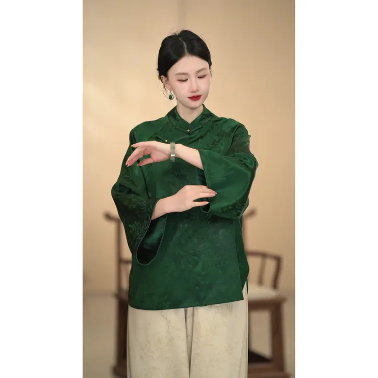 「冬至」中国风网红春秋款复古立领斜襟汉服长袖上衣中式日常绿色