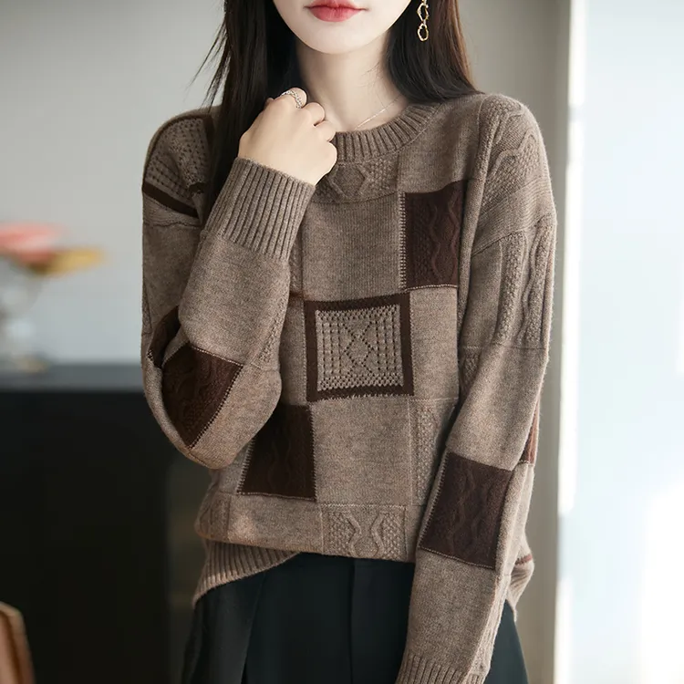 鄂尔多斯市复古提花羊绒衫女秋冬新款圆领长袖毛衣内搭羊毛打底衫