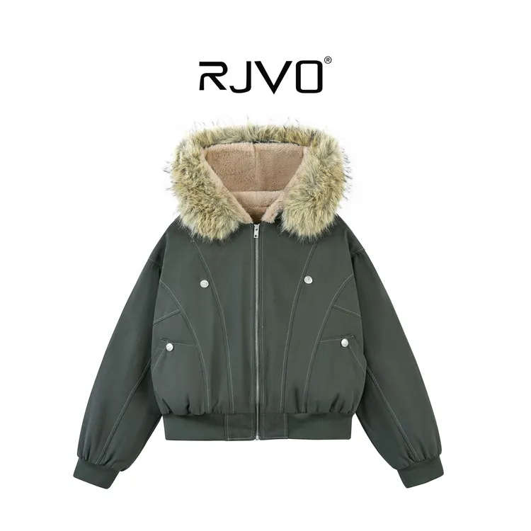 RJVO男女同款毛茸茸大毛领连帽外套加绒加厚宽松短款棉袄