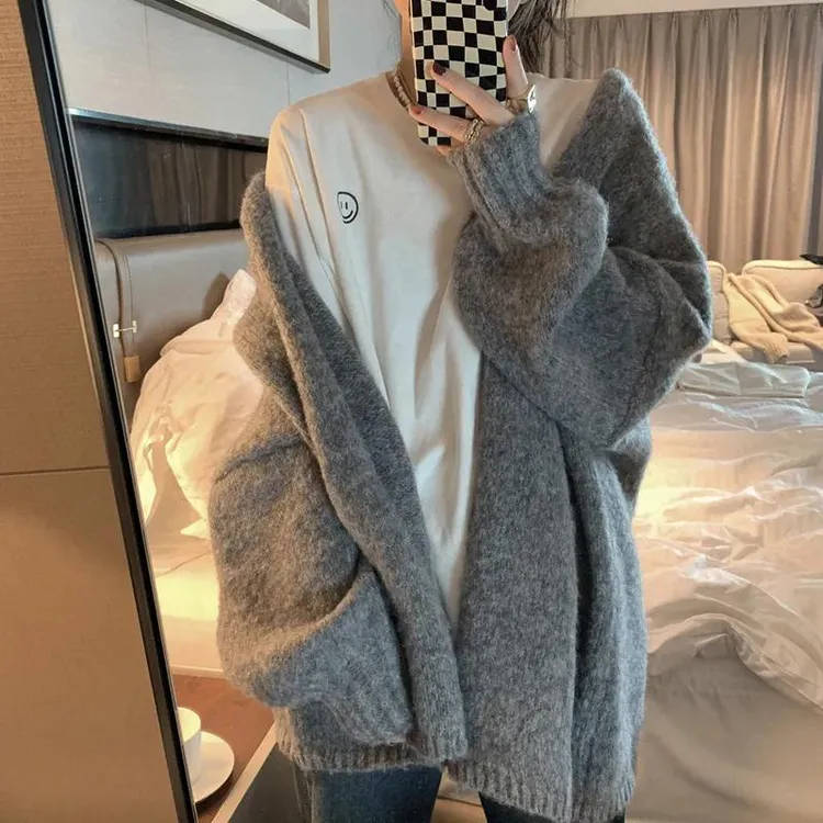 灰色软糯慵懒毛衣外套女简约秋冬韩系温柔小个子针织开衫百搭上衣