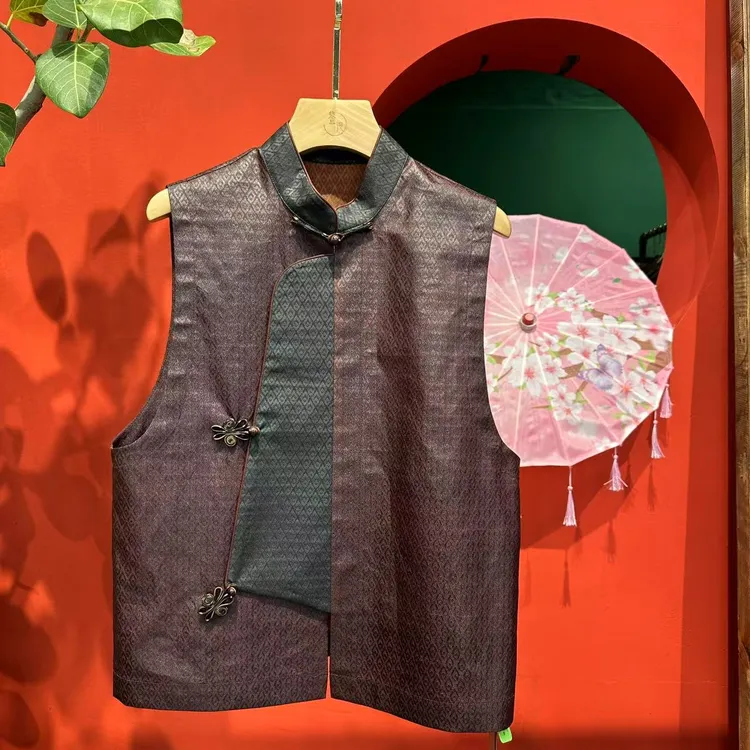 艾可原创  马甲 菱形格桑波缎香云纱红云纱 长60起