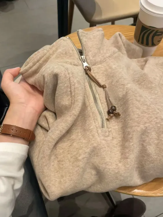 自留爆款推荐~美式复古半拉链立领卫衣女秋冬高级感抽绳叠穿上衣