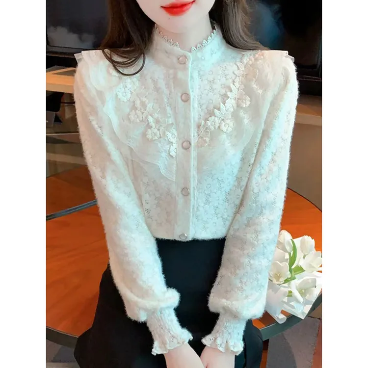 半高领加绒蕾丝打底衫女秋冬洋气内搭长袖上衣2025新款高级感衬衣